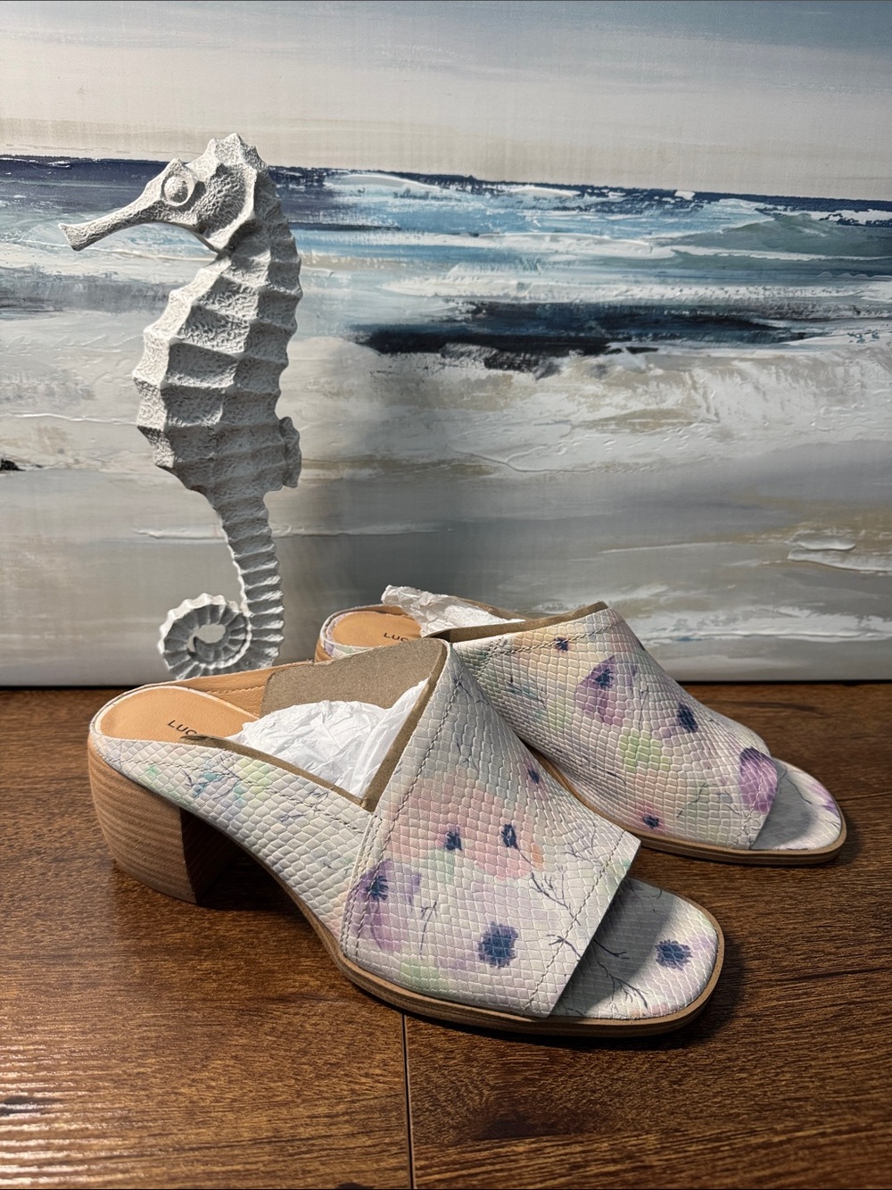 Lucky Brand Pastel Floral White Leather Open-Toe Mules